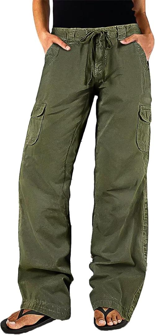 Flamingals Women's Straight Leg Mid Waist Casual Pants High Stretch Drawstring Flap Pocket Long Pants for Women, Large