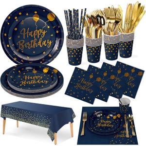 Birthday Party Tableware, 161 Pieces Navy Blue Gold Party Supplies, Party Dinnerware Sets Include Paper Plates Napkins Cups Silverware, for Shower Engagement Parties Decoration -20 Serves