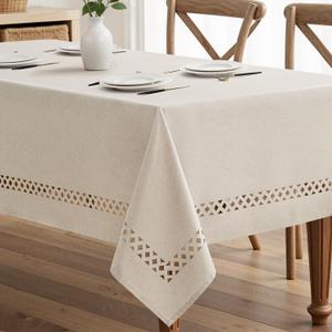 MIULEE Beige Rectangle Linen Polyester Tablecloth with Decorative Cutouts Spring Waterproof Stain Resistant & Shrink-Proof Table Cloth 60x144 inch Farmhouse Style for Dining Wedding and Outdoor