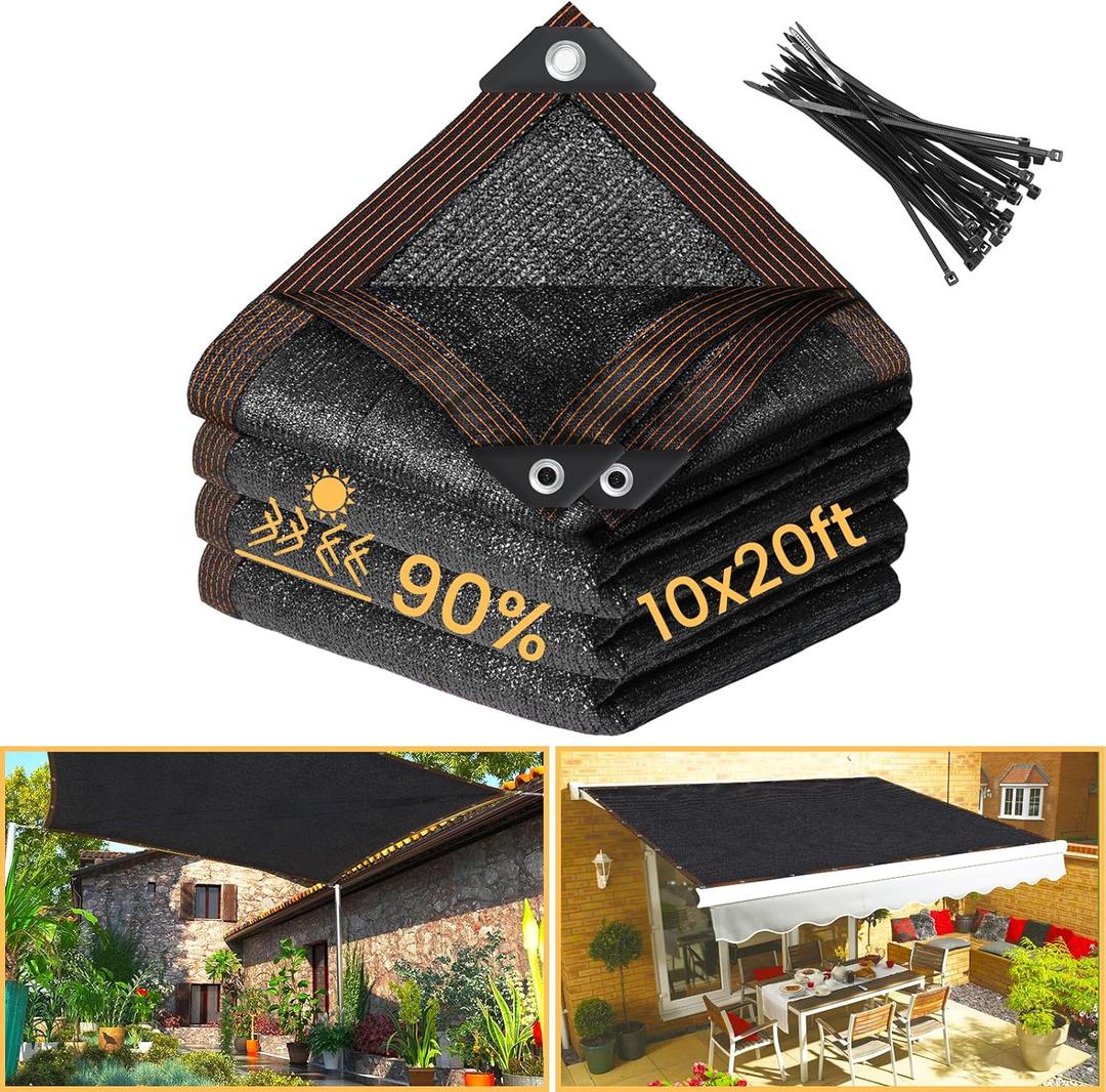 winemana 90% Black Shade Cloth, 10 x 20 FT Durable Mesh Tarp with Grommets, Resistant Garden Sun Shade Netting with Taped Edge for Plant Cover, Greenhouse, Patio, Tomatoes, Chicken Coop, Barn Kennel