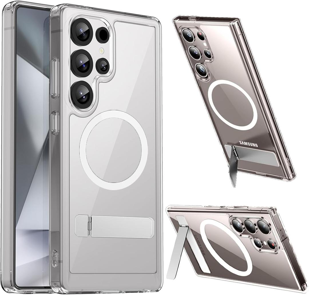 Hiooloon for Samsung Galaxy S25 Ultra Magnetic Case Clear Compatible with MagSafe, Built-in 2-Way Kickstand [Horizontal & Vertical Stand] Crystal Clear Slim Fit Rugged Cover (Clear)