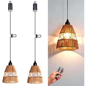Battery Operated Chandelier Outdoor Waterproof, 2 Pack Hanging Pendant Light with Remote Control for Gazebo, Pergola, Porch, Balcony, Shed, Patio, Garden Decor