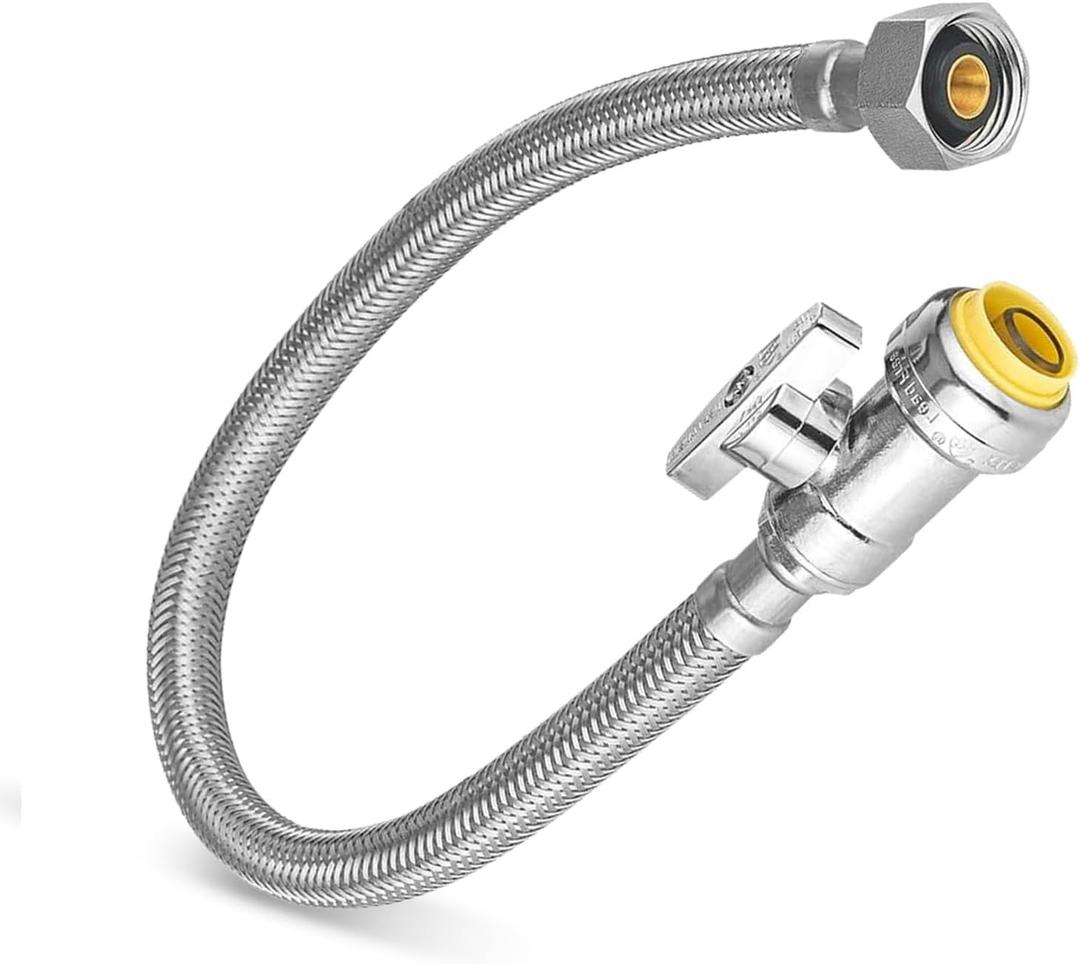 (1 Pack) Seelink 18-Inch Stainless Steel Flexible Water Heater Hose, 1/2" Push-Fit Straight Stop Valve x 1/2" FIP, Push-to-Connect for Copper, PEX, and CPVC