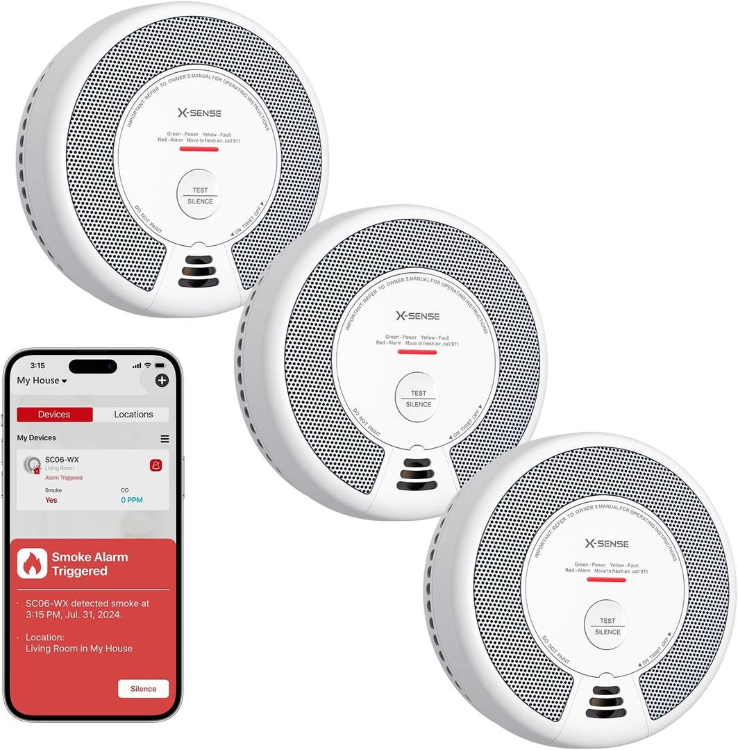 X-Sense Smart Smoke Detector Carbon Monoxide Detector Combo with No Fee App Notification, Replaceable Battery Powered Smoke Detector and Carbon Monoxide Detector, SC06-WX, 3-Pack