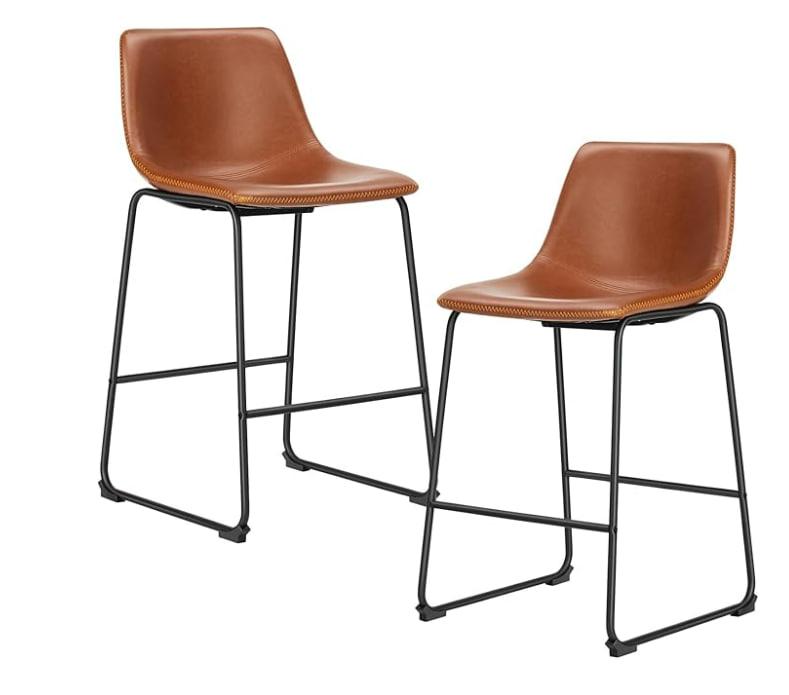 DUMOS 26 Inch Counter Height Bar Stools Set of 2, Modern Faux Leather High Barstools with Back and Metal Leg, Bar Chairs for Kitchen Island, Warm Brown