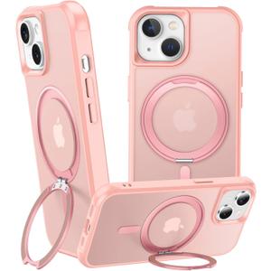 360 Magnetic Swivel Ring for iPhone 14 Plus case, Built-in Metal Stand and Ring Holder, Magsafe Compatible, Military Grade Protection, Shock and Vibration Resistant-Pink