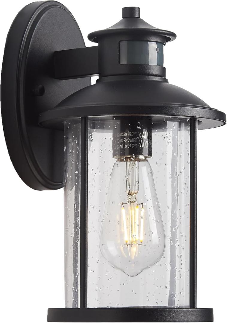 MICSIU 100W Max Motion Sensor Outdoor Wall Light, 3-Mode Dusk to Dawn Exterior Fixture, 1-Pack 11.5" Matte Black Anti-Rust Hardwired Security Sconce with Seedy Glass for Garage Porch Deck