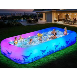 Large Inflatable Swimming Pool with Light, 12FT X 6.2FT Solar Blow Up Pool Inflatable Pool for Kids Adults, Durable Thickened 7 Color Family Kiddie Pool for Backyard Outdoor
