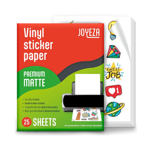JOYEZA Premium Printable Vinyl Sticker Paper for Inkjet Printer - 25 Sheets Matte White Waterproof, Dries Quickly Vivid Colors, Holds Ink well- Tear Resistant - Inkjet & Laser Printer