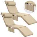 2 Pcs Outdoor Chaise Lounge Cushion with Pillow and Side Pockets Waterproof Lounge Chair Cushions 72 x 21 x 4 Inch Patio Replacement Lounger Pad for Outdoor Furniture Pool (Beige)