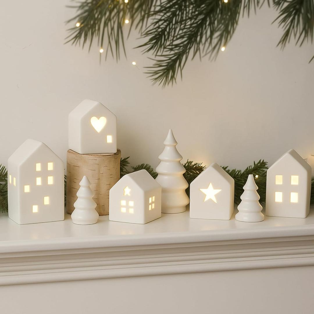 8 Pcs Ceramic Christmas Village Houses Set 5 LED Light up White Ceramic Village Houses with 3 Xmas Trees Xmas Figurines for Farmhouse Rustic Indoor Home Mantel Table DIY Display Holiday Decorations