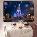 6x4ft Castle Backdrop Blue Castle Back Garden Fireworks Night Scene Background Girls Birthday Party Photobooth Backdrop Supplies Cake Table Decorations KUHB022