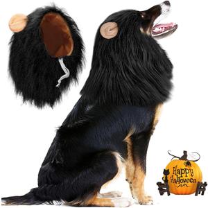 Vivifying Lion Mane (Black) for Medium & Large Dogs - Adjustable Pet Costume with Faux Fur, 13.77in x 14.5in, Up to 27.55in Neck Girth, Halloween Dog Accessory