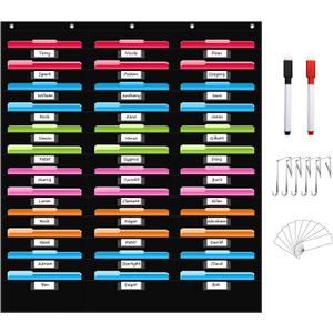 REGELETO 36 Pockets File Storage Pocket Chart with 36 Nametag Pockets, Hanging Wall File Organizer for Classroom and Office, Organize Your Assignments, Files, Scrapbooks, Paper (Black-36 Pockets)