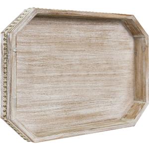 Wooden Decorative Tray, Rustic Serving Tray with Wood Bead, Farmhouse Big Tray for Ottoman, Countertop, Coffee Table, 16.5" x 13"x 1.6" (White Washed)