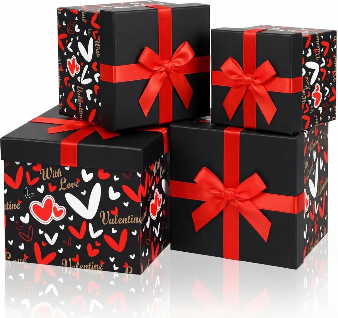 Epakh 4 Pcs Square Nesting Boxes Decorative Gift Boxes with Lids Black Red Hearts Assorted Sizes for Anniversary, Birthday, Wedding, Bridal Shower Party Gifts(Sweet)