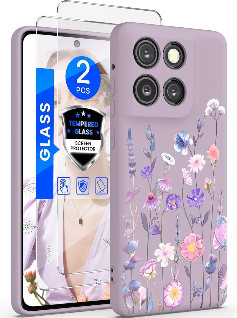 Yucenx for Motorola G Stylus 5G 2025/2026 Case with 2X Tempered Glass Screen Protectors, Girls Women Florals Liquid Silicone Phone Case, Shockproof Anti-Scratch Soft Protection Case (Colorful)