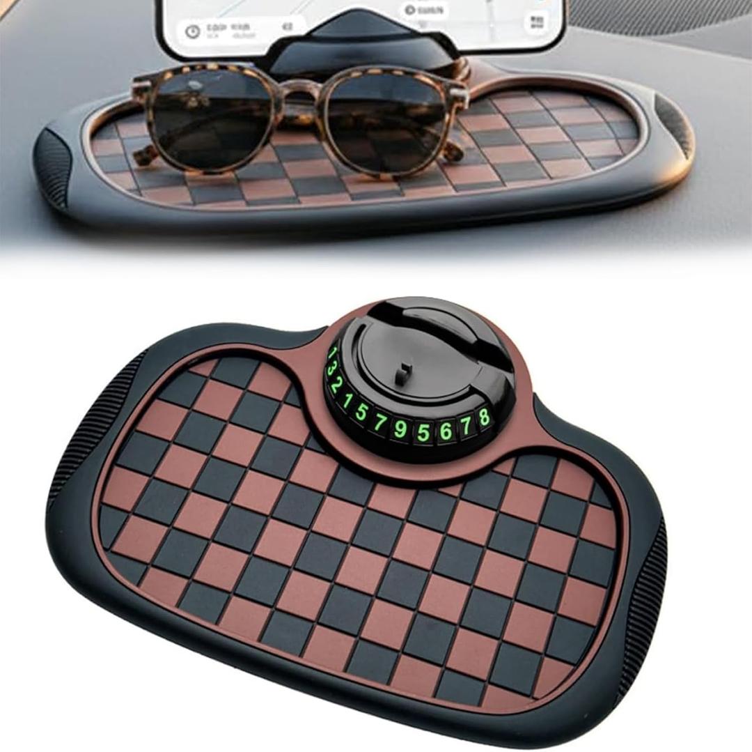 3-in-1 Car Dashboard Anti-Slip Mat, 360 Rotatable Phone Holder with Temporary Parking Number, Universal Fit Non-Slip Pad for Car/SUV, Washable Reusable (Brown, 1PC)
