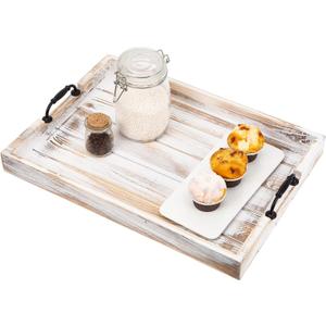 Rustic Vintage Big Wood Food Breakfast Serving Trays with Cutout Metal Handles(20 Inches) Large Nesting Board Decorative Serving Trays Platter in Bed, Ottoman, Coffee Table, BBQ, Party(Washed White