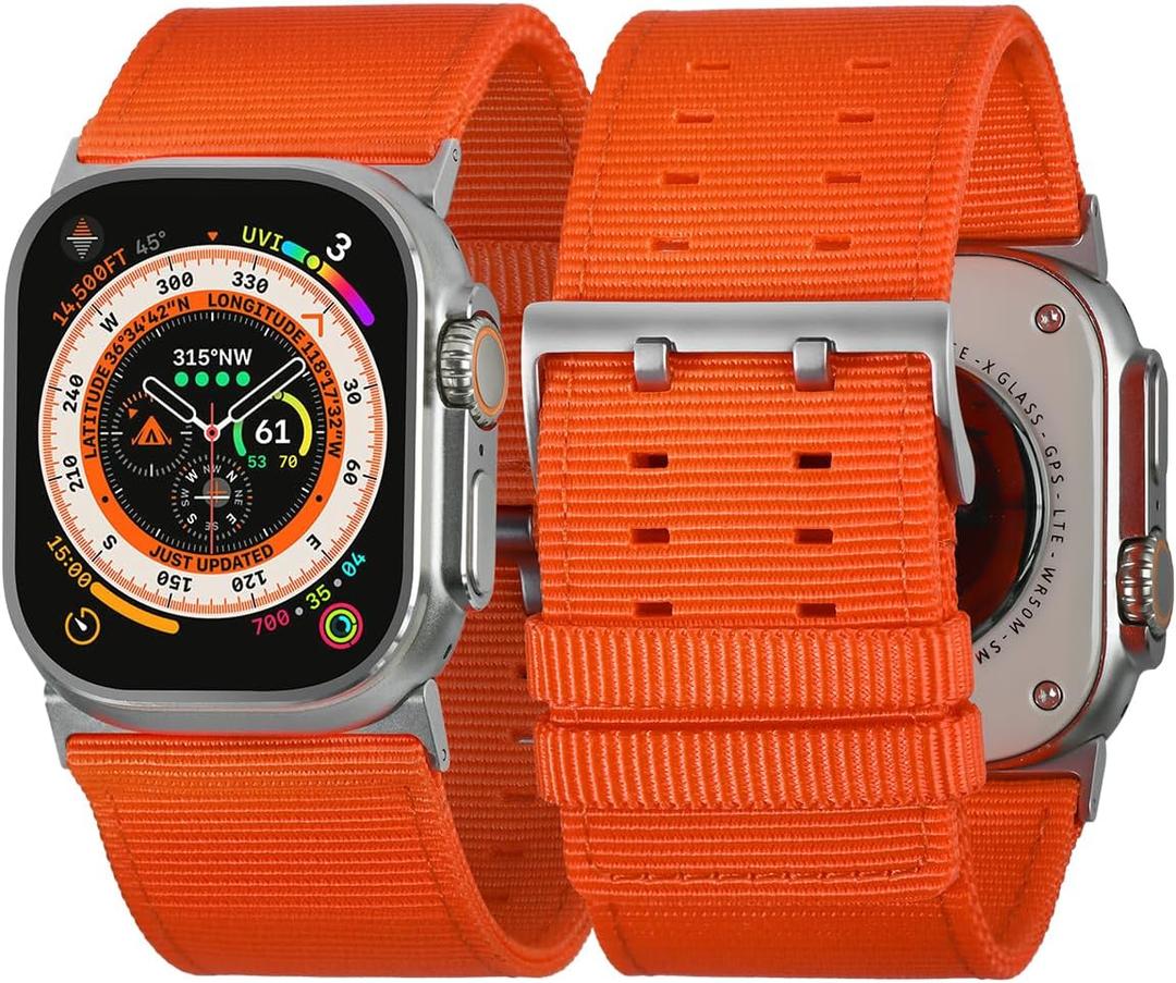 Tefeca Dual Series Replacement Watch Band Compatible with Apple Watch/ Apple Watch Ultra (Orange Nylon with Silver Adapters, 49/ 45/ 44/ 42mm)