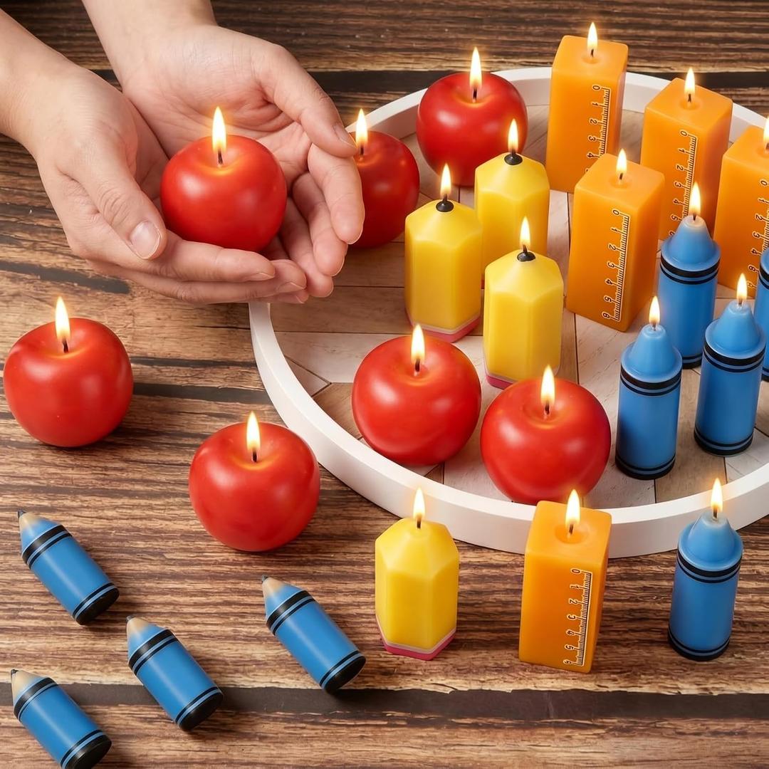 Lyrow 24 Pcs Back to School Teacher Gifts Set Apple Ruler Crayon Pencil Shaped Candles Thank You Teacher Appreciation Candles Gifts for First Day of School Appreciation Party Favor