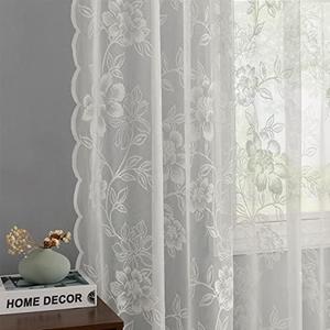 FINECITY Lace Curtains 84 Inch Embroidery Vintage Floral Leaf Sheer Lace Curtains for Living Room, Rod Pocket Privacy Scalloped Edge Sheer Window Curtains, 52 x 84 Inch, Ivory
