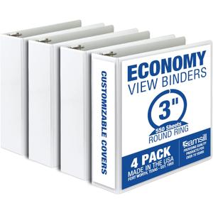 Samsill 3 Inch 3 Ring Binders, Made in USA, Economy Round Ring, Clear View Cover, 550 Sheet Capacity - for School, Home, Office - White, 4 Pack
