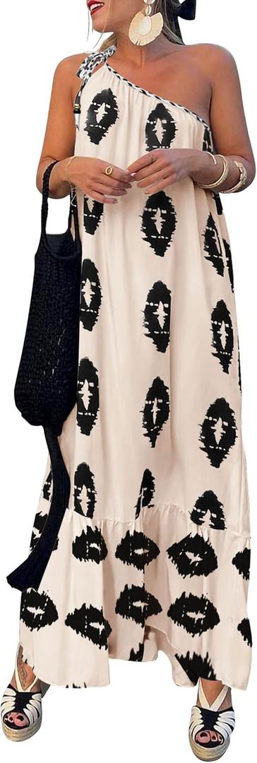 PRETTYGARDEN Women's 2026 Summer One Shoulder Maxi Dress Printed Flowy Boho Long Sundresses Spring Beach Vacation Clothes (XXXL)