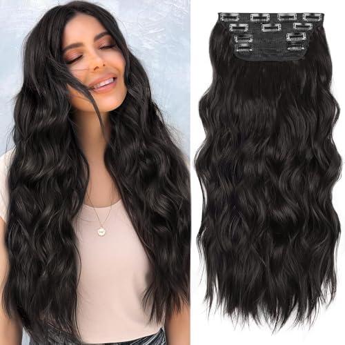 ALXNAN Clip in Long Wavy Synthetic Hair Extension 24 Inch Natural Black 4PCS Thick Hairpieces Fiber Double Weft Hair for Women