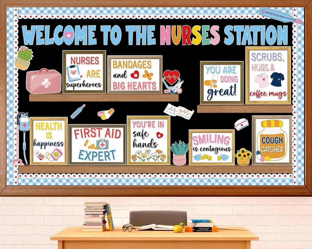 2 x School Nurse Bulletin Board Decorations Set Nursing Theme Classroom Decor Welcome to the Nurse Station Paper Cutouts for Back to School Medical RN Healthcare Workers Wall Decor