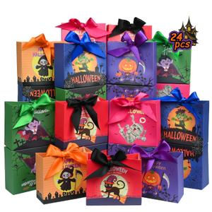 Nimbbex 24PCS Halloween Goodies Bags, Trick or Treat Candy Gift Paper Bags Bulk with Ribbons, Halloween Treat Boxes, Party Favor, Classroom Exchange, Home Decoration 4.5 x 3.9 x 1.7 Inches