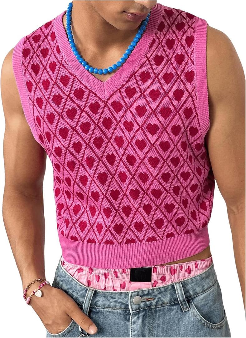 BEAUDRM Men's Heart Graphic Printed Sleeveless V Neck Sweater Vests Cropped Knit Tank Tops Pink Large (Pink, L)