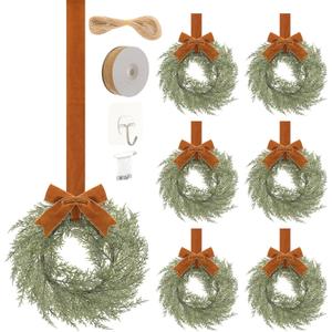 Suncalla 6 Pcs Christmas Chair Wreaths 9 Inch Craft DIY Small Wreaths Artificial Norfolk Pine with Velvet Ribbons for Chair Backs Front Door Window Indoor Cabinets Kitchen Farmhouse Xmas Decor
