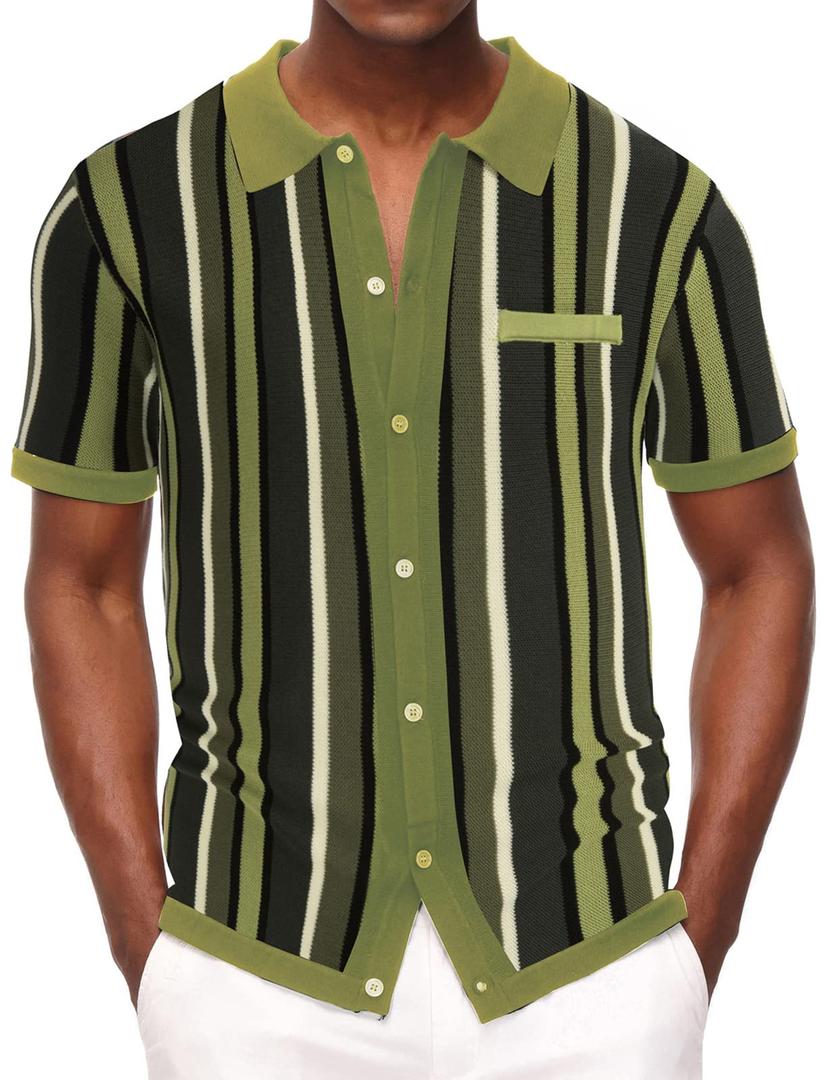 Mens Vintage Stripe Polo Shirts Short Sleeve Button Down Knit Sport Shirt Green XL