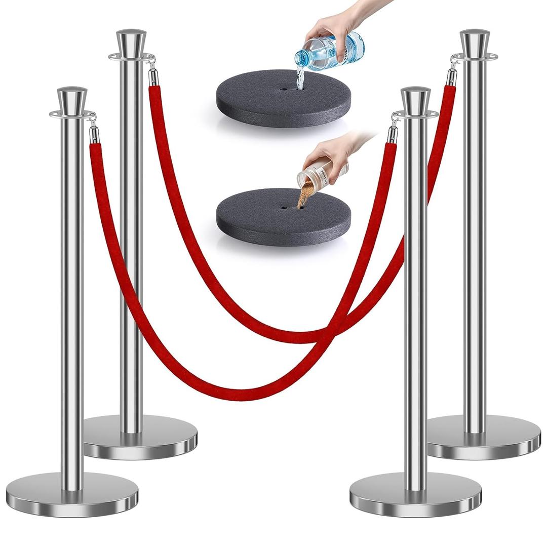 kaiyomi 4Pcs Stanchions and Velvet Ropes, Crowd Control Barriers (Silver) | Water or Sand-Fillable Base, 5 Feet Velvet Ropes and Posts Poles for Red Carpet Formal Occasions
