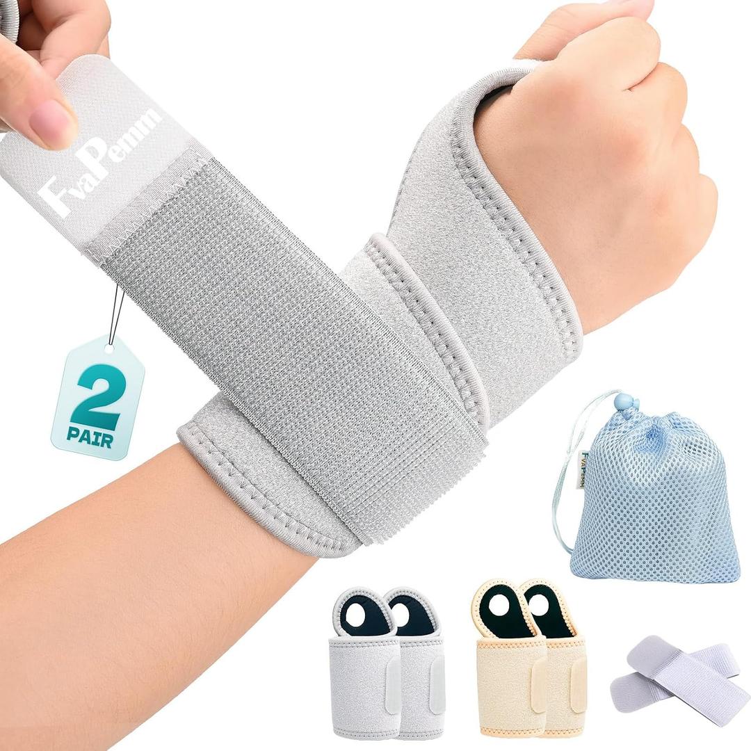 Wrist Brace for Carpal Tunnel 2 Pack Right Left Hand, Wrist Support Wraps for Women Men, Adjustable Wrist Brace for Day Night Support, Tendonitis, Arthritis, Weightlifting, Sports, Grey&Nude, Free Size