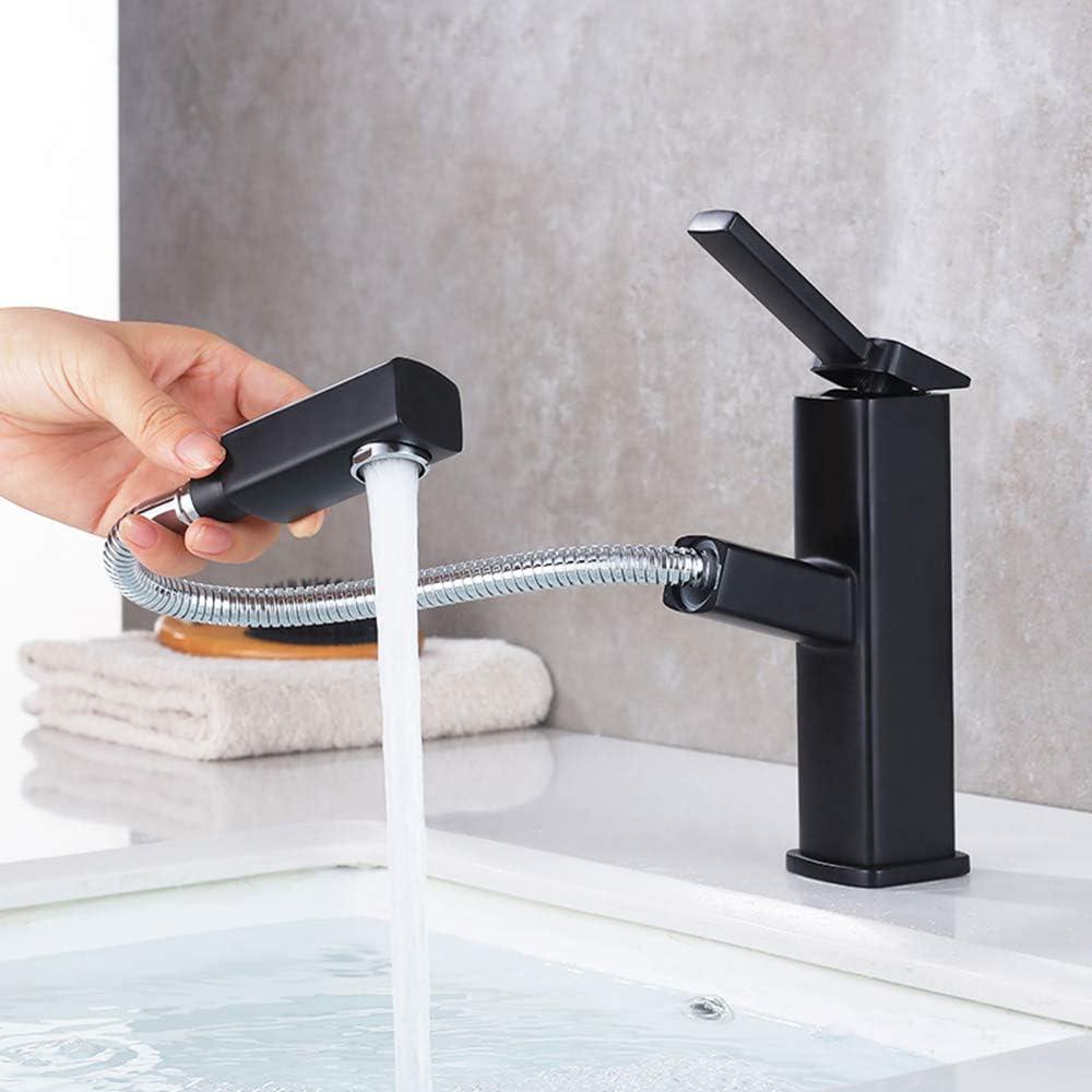 KAIYING Bathroom Sink Faucet with Pull Out Sprayer, Single Handle Basin Mixer Tap for Hot and Cold Water, Lavatory Pull Down Sink Faucet with Rotating Spout (Regular, Black)