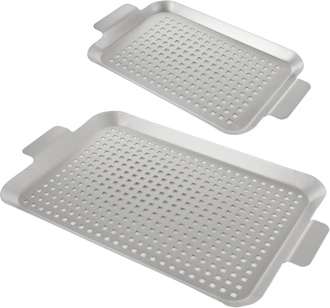 Grill Pan Set of 2, Stainless Steel Grill Topper for Outdoor Grill, Small & Medium BBQ Grilling Tray with Handle and Holes, Grilling Baskets for Meat, Seafood & Vegetables