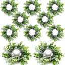 8 Pieces Spring Summer Artificial Flowered Wreath Mini Floral Wedding Candle Rings Wreaths for Wedding Table Centerpiece Pillars Farmhouse Party Home Door Tabletop Decor(Eucalyptus)