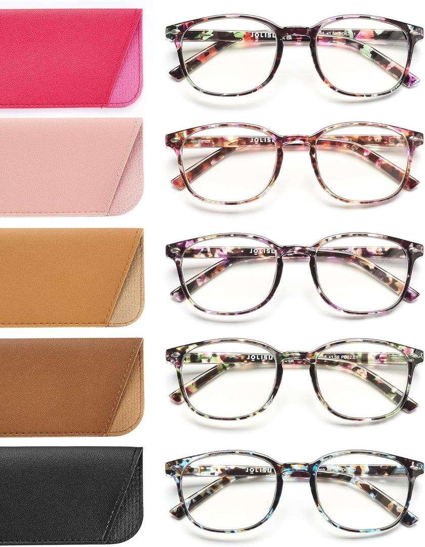 JOLISU 5 Pack Reading Glasses For Women, Blue Light Blocking Computer Reader Spring Hinge Eyeglasses