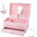 RR ROUND RICH DESIGN Kids Musical Jewelry Box for Girls with Drawer and Jewelry Set with Ballerina Theme - Swan Lake Tune Pink