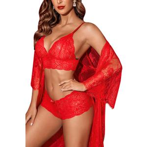 Avidlove Women Sexy Lingerie Set 3 Piece Bra and Panty Sets with Lace Kimono Robe Sleepwear Mesh Nightgown (Small, Red)