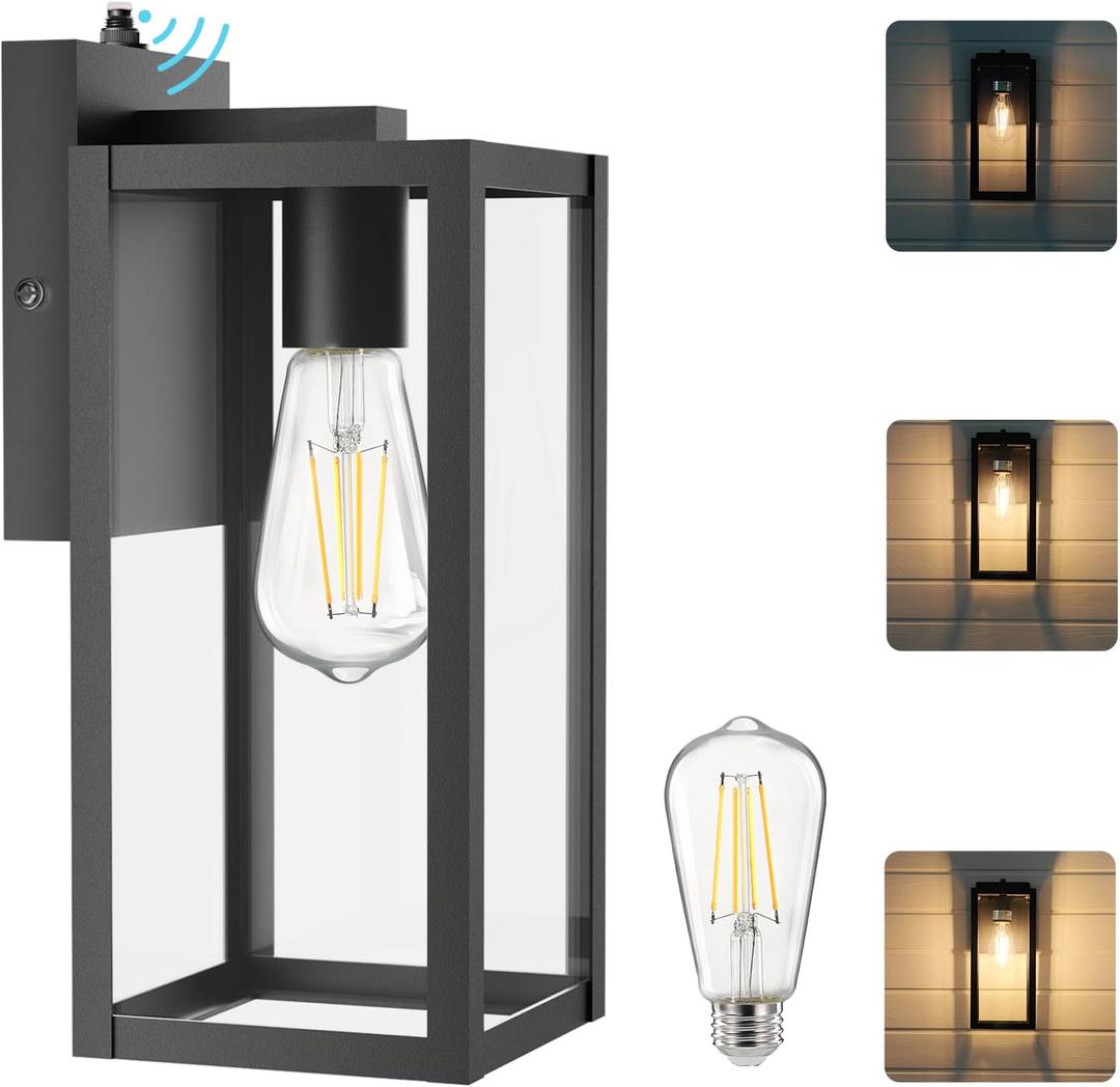 OREiN 12 Inch Dusk to Dawn Porch Lights Outdoor, 30%/50%/100% Dimmable Outdoor Wall Lights, Heavy-Duty Metal Thick Glass Exterior Lighting Fixtures for Front Door, Garage, 1 Pack (Bulbs Included)