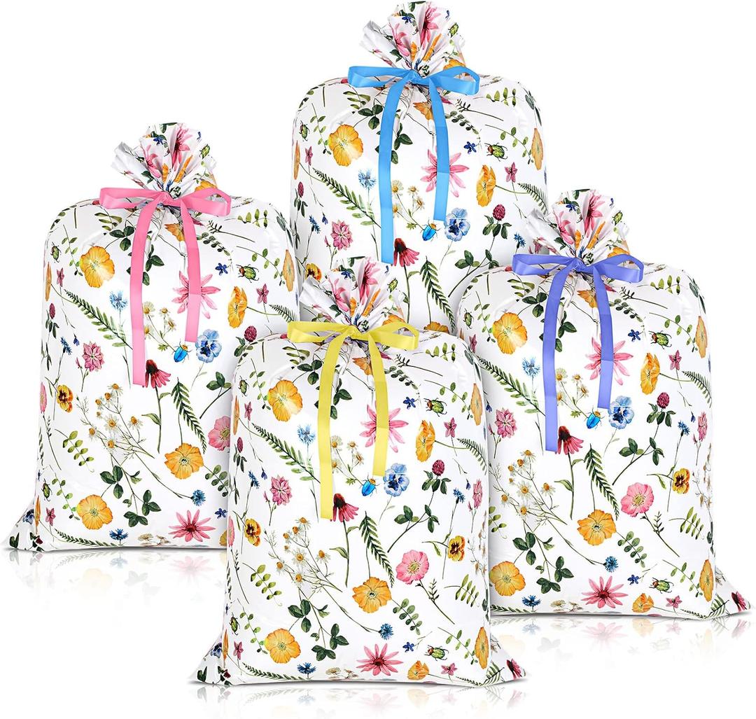 TaoBary 4 Pieces Plastic Dot Bags (36 x 48 Inch) with 4 Pieces Pull Flowers Large Packaging Wrapping Present Bags for New Parents Shower Birthday Wedding Christmas Engagement Party