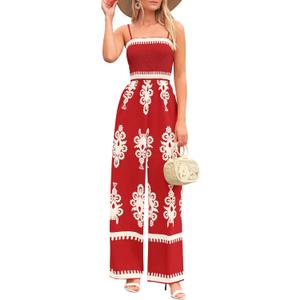 PRETTYGARDEN Women's Summer Boho Jumpsuits One Piece Beach Vacation Outfits Spaghetti Strap Wide Leg Pants Rompers (Red Apricot Floral,XX-Large) Red