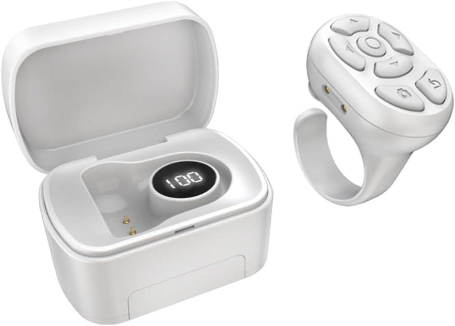 3-in-1 Wireless Mobile Selfie Cell Phone Remote Ring, Video Scroll, Shutter and Holder, with Charging Compartment, 10 Metre Remote Control, Compatible with iPhone, iPad, Android (White)