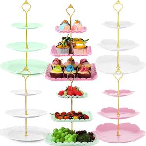 Gandeer 6 Sets Tea Party Decorations of 3 Tier Plastic Cupcake Stand Dessert Plates Cake Fruit Candy Display Tower for Wedding Birthday Baby Shower Tea Party Decorations(Round, Flower, Square)