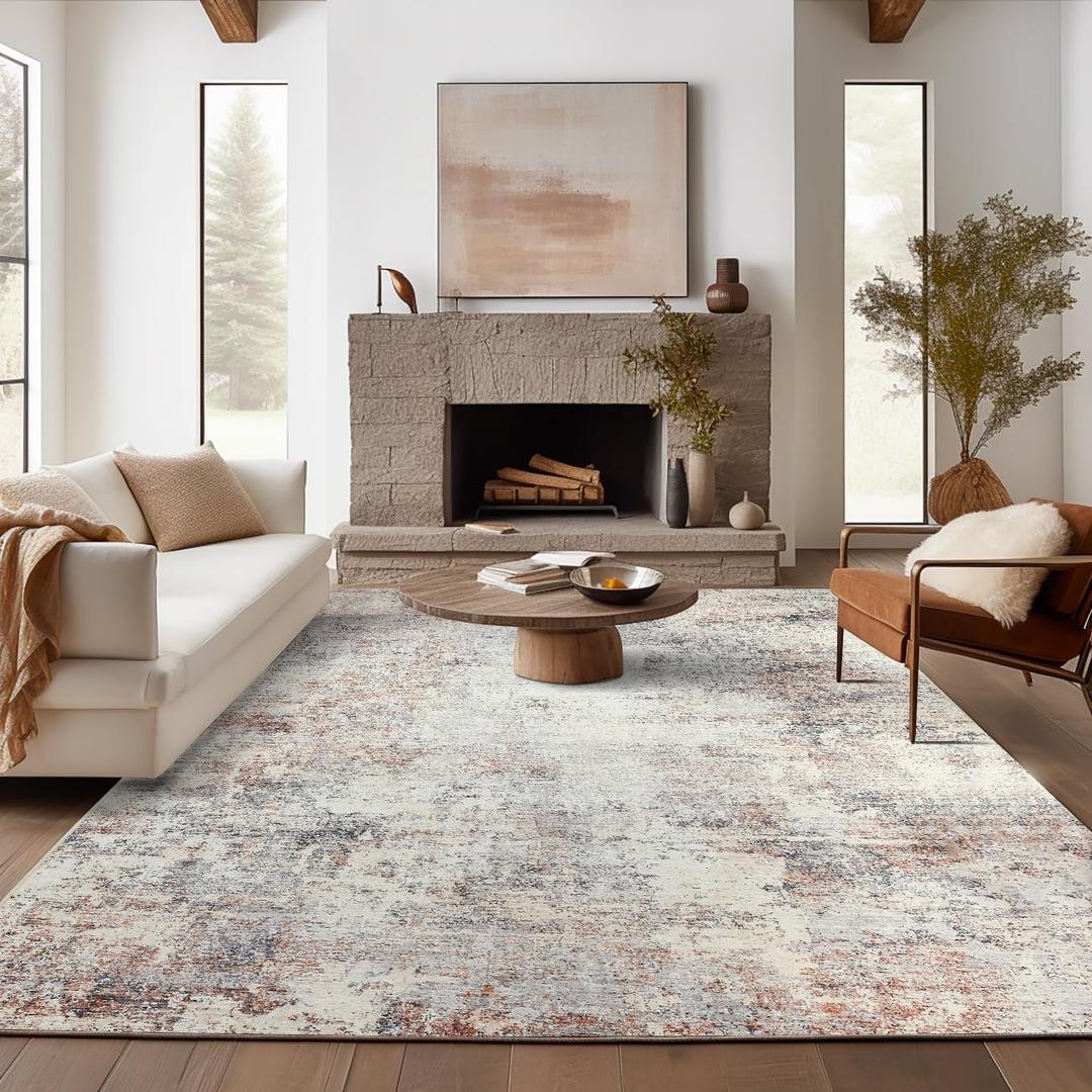jinchan Area Rug 5x7 Washable Modern Rug Abstract Living Room Floor Cover Taupe Multi Print Overdyed Distressed Mat Contemporary Non-Slip Thin Carpet for Bedroom Dining Room Kitchen Offcie