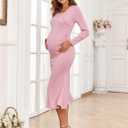 2025 Fall Maternity Dress Faux Two-Piece Long Sleeve Square Neck Mermaid Bodycon Pregnancy Dresses Casual Baby Shower (Pink, XL)