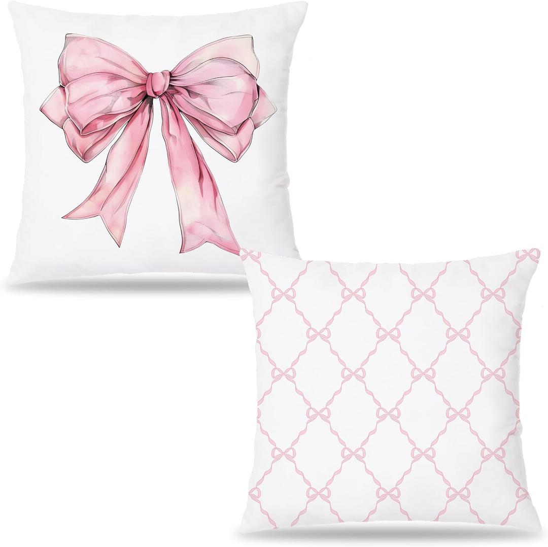 Coquette Pink Bow Pillow Covers 18x18 Set of 2, Coquette Room Decor, Pink Preppy Pillow Covers, Preppy Room Decor, Girly Bedroom Decor